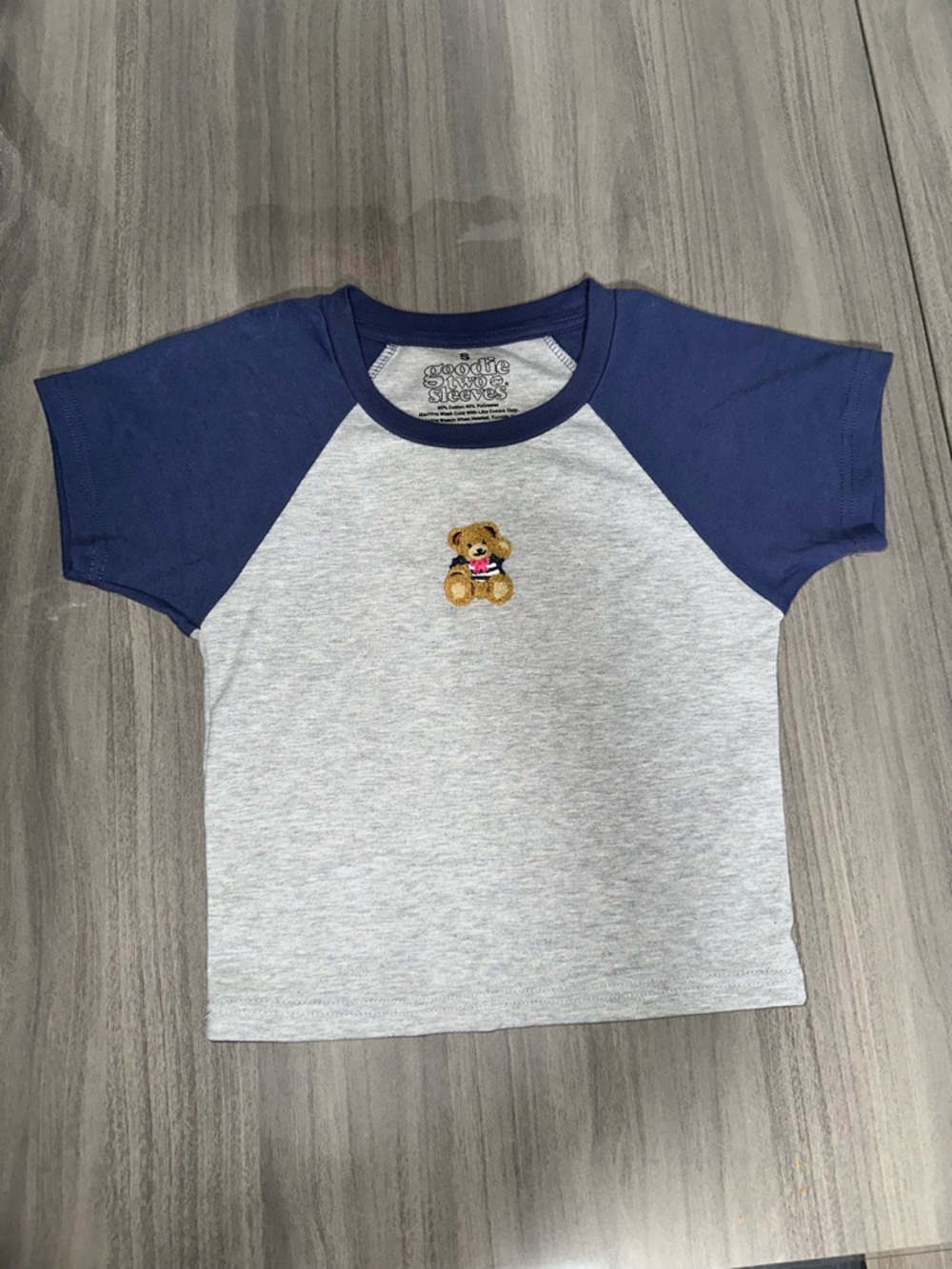 Goodie Two Sleeves grey & navy teddy bear baby tee